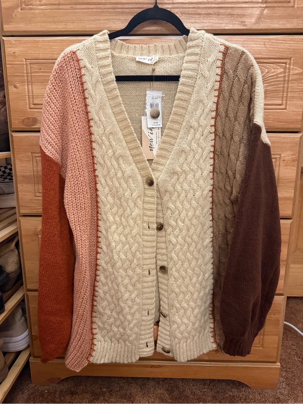 Buckle Cream Multi Colorblock Cable Knit Cardigan
